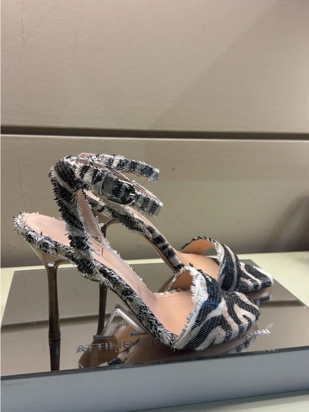 Agl made in Italy Black and White Zebra-Print Open-Toe Ankle-Strap Heels